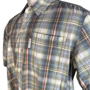 Columbia Men L short sleeve brown beige  Plaid button front cotton preppy